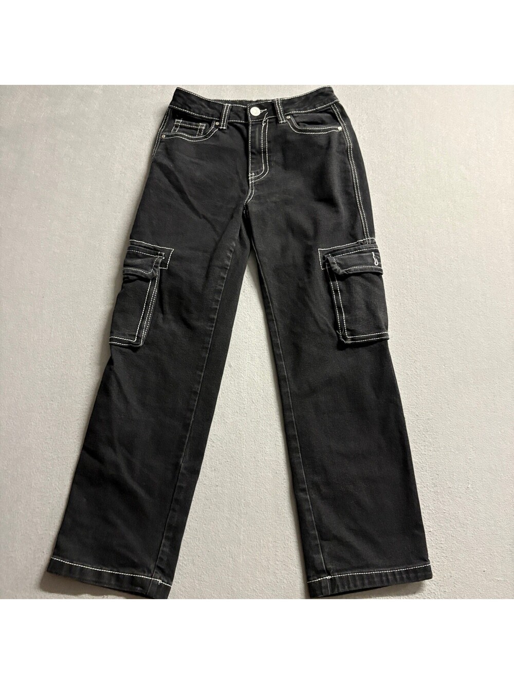 Telepatia Cargo Jeans Womens 5/27 Black Denim Contrast Stitch High Rise Utility